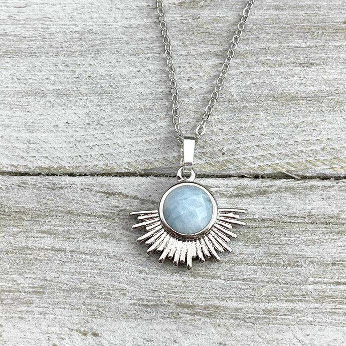 Aquamarine Ray of Light Sunburst Purity Sun Pendant 18” White Gold Necklace