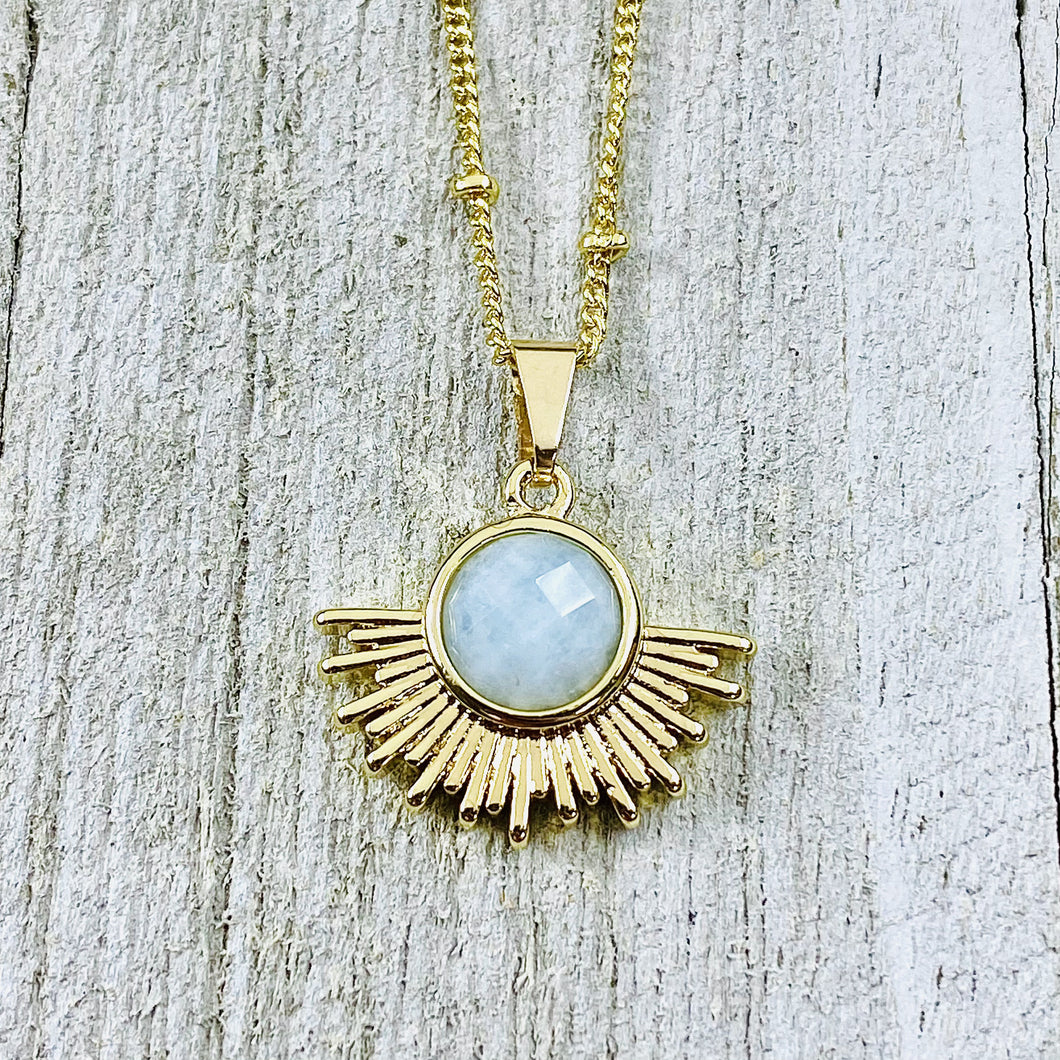 Aquamarine Ray of Light Sunburst Purity Sun Pendant 18” Gold Necklace