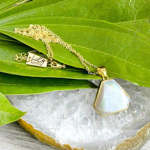 Rainbow Aura Quartz White Druzy Inclusion Agate Gemstone Pendant 18" Gold Necklace