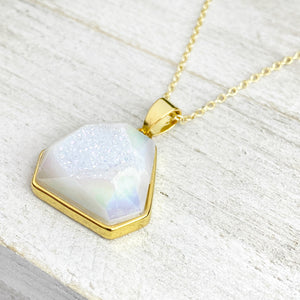 Rainbow Aura Quartz White Druzy Inclusion Agate Gemstone Pendant 18" Gold Necklace