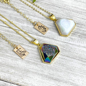 Rainbow Aura Quartz White Druzy Inclusion Agate Gemstone Pendant 18" Gold Necklace