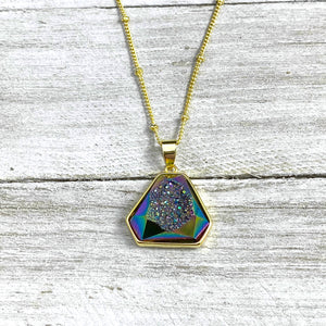 Rainbow Titanium Aura Quartz White Druzy Inclusion Agate Gemstone Pendant 18" Gold Necklace