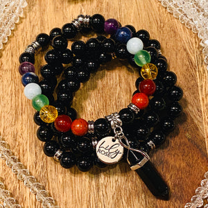 Limited Edition Chakra Balancing Black Onyx Spiritual Warrior Strength Rainbow 108 Mala Necklace Bracelet