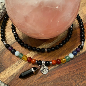 Limited Edition Chakra Balancing Black Onyx Spiritual Warrior Strength Rainbow 108 Mala Necklace Bracelet