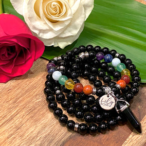 Limited Edition Chakra Balancing Black Onyx Spiritual Warrior Strength Rainbow 108 Mala Necklace Bracelet