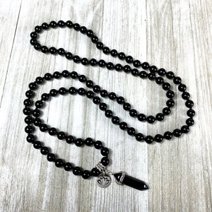 Black Onyx Spiritual Warrior Strength 108 Hand Knotted Mala with Point Charm Pendant Necklace