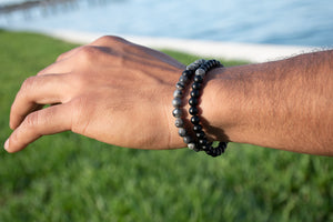 Labradorite Larvakite & Black Onyx Couples Bracelet 6mm Stretch Matching Set