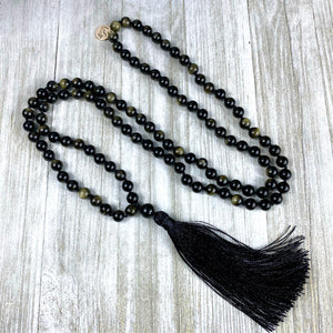 Limited Edition Glimmering Gold Sheen Obsidian Wizard Stone Energetic Shield 108 Hand Knotted Mala with Tassel Necklace