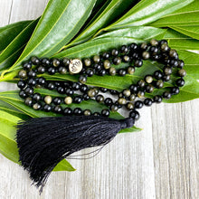 Load image into Gallery viewer, Limited Edition Glimmering Gold Sheen Obsidian Wizard Stone Energetic Shield 108 Hand Knotted Mala with Tassel Necklace