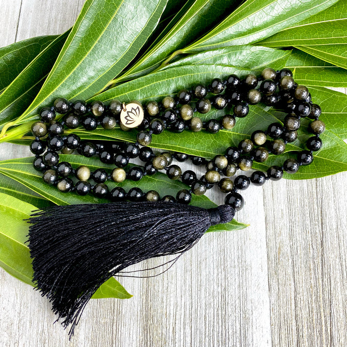 Limited Edition Glimmering Gold Sheen Obsidian Wizard Stone Energetic Shield 108 Hand Knotted Mala with Tassel Necklace