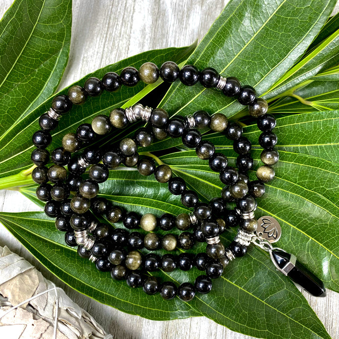 Glimmering Gold Sheen Obsidian Wizard Stone Energetic Shield 108 Mala Necklace Bracelet