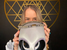 Load image into Gallery viewer, RETIRED - 8mm Elizabeth April Channeled Grey Zeta Sacred Geometry Limited Edition Cosmic Species Stretch Mala Bracelet Necklace