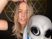 Load image into Gallery viewer, RETIRED - 8mm Elizabeth April Channeled Grey Zeta Sacred Geometry Limited Edition Cosmic Species Stretch Mala Bracelet Necklace