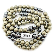 Load image into Gallery viewer, RETIRED - 8mm Elizabeth April Channeled Grey Zeta Sacred Geometry Limited Edition Cosmic Species Stretch Mala Bracelet Necklace
