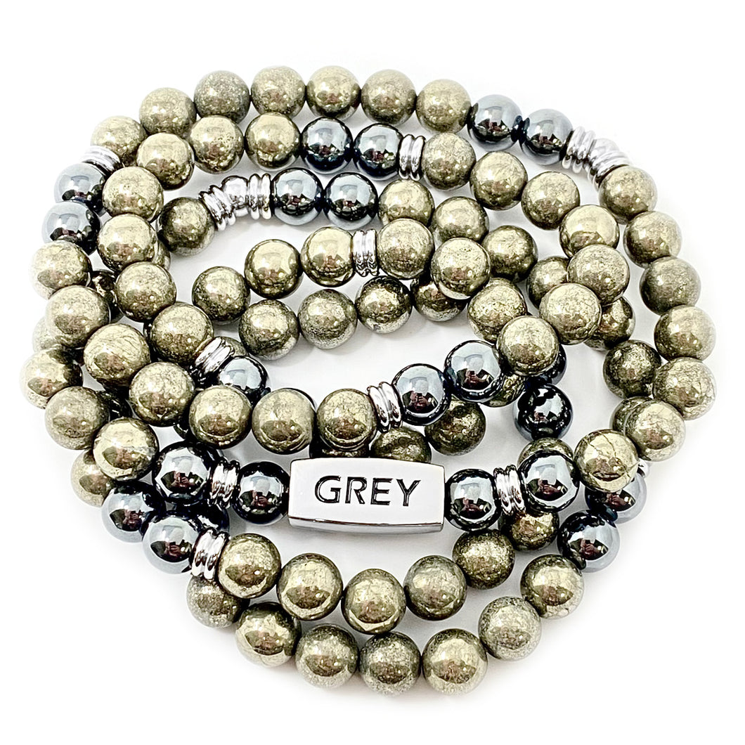 RETIRED - 8mm Elizabeth April Channeled Grey Zeta Sacred Geometry Limited Edition Cosmic Species Stretch Mala Bracelet Necklace