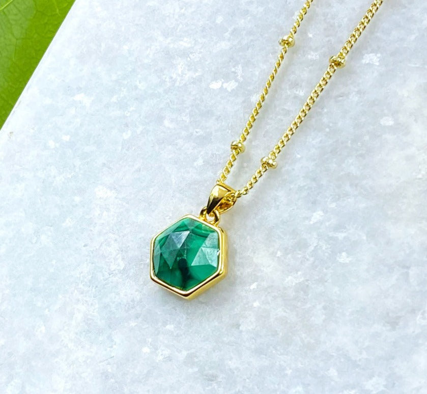 Malachite Power & Transformation Hexagon Pendant 18” Gold Necklace