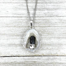 Load image into Gallery viewer, Inner Stability Druzy Quartz Geode Slice with Black Tourmaline Inside Pendant 18&quot; + 2&quot; White Gold Necklace
