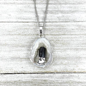 Inner Stability Druzy Quartz Geode Slice with Black Tourmaline Inside Pendant 18" + 2" White Gold Necklace