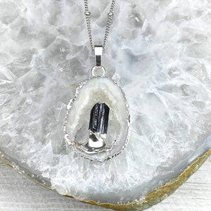 Inner Stability Druzy Quartz Geode Slice with Black Tourmaline Inside Pendant 18" + 2" White Gold Necklace