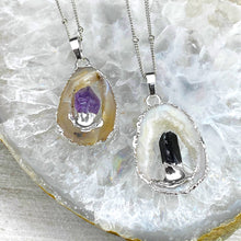 Load image into Gallery viewer, Inner Stability Druzy Quartz Geode Slice with Black Tourmaline Inside Pendant 18&quot; + 2&quot; White Gold Necklace