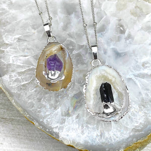 Inner Stability Druzy Quartz Geode Slice with Black Tourmaline Inside Pendant 18" + 2" White Gold Necklace