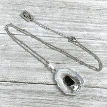 Load image into Gallery viewer, Inner Stability Druzy Quartz Geode Slice with Black Tourmaline Inside Pendant 18&quot; + 2&quot; White Gold Necklace