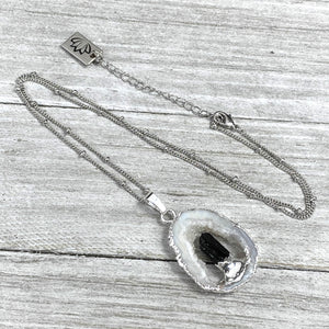 Inner Stability Druzy Quartz Geode Slice with Black Tourmaline Inside Pendant 18" + 2" White Gold Necklace