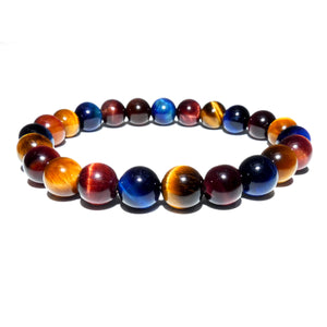 Limited Edition Triple Power Red Tigers Eye Blue Tigers Eye and Yellow Tigers Eye 8mm Stretch Bracelet
