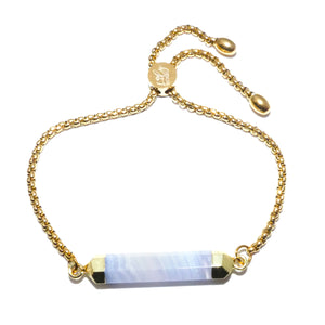 Minimalist Limited Blue Lace Agate Wand Bar Horizontal Gold Adjustable Bracelet