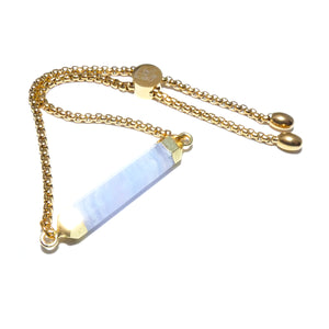 Minimalist Limited Blue Lace Agate Wand Bar Horizontal Gold Adjustable Bracelet
