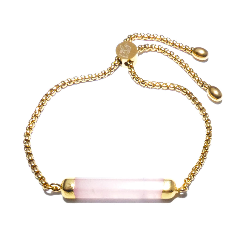 Minimalist Rose Quartz Bar Wand Horizontal Gold Adjustable Bracelet