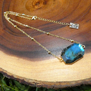 Rustic & Raw Geometric Square Labradorite Pendant 14” + 2” Gold Necklace