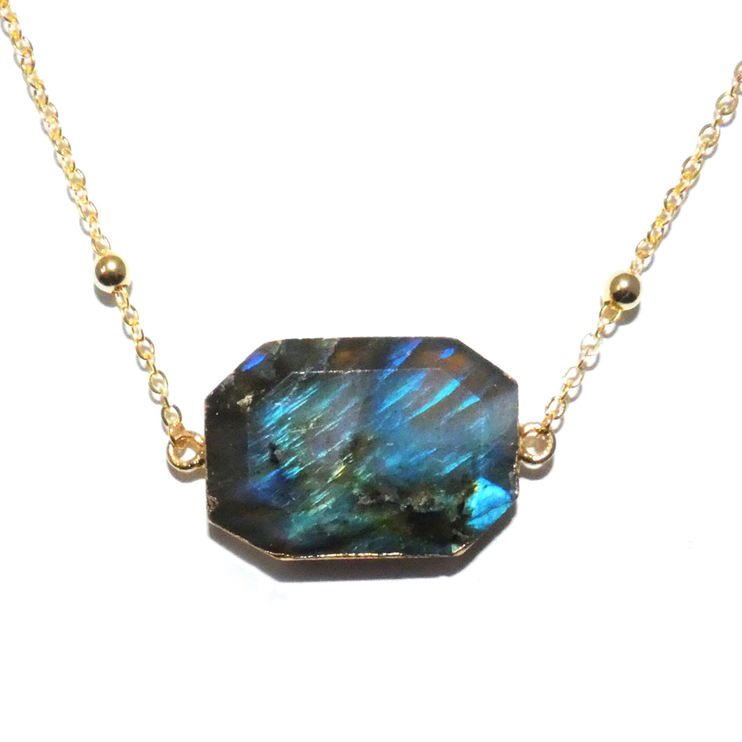 Rustic & Raw Geometric Square Labradorite Pendant 14” + 2” Gold Necklace