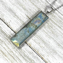 Load image into Gallery viewer, Modern Labradorite Glowing Bliss Vertical Bar Pendant 18&quot; White Gold Necklace