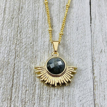 Load image into Gallery viewer, Labradorite Ray of Light Sunburst Inner Magic Sun Pendant 18” Gold Necklace