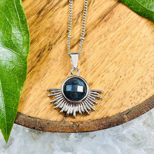 Load image into Gallery viewer, Labradorite Ray of Light Sunburst Inner Magic Sun Pendant 18” White Gold Necklace