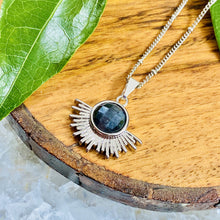 Load image into Gallery viewer, Labradorite Ray of Light Sunburst Inner Magic Sun Pendant 18” White Gold Necklace