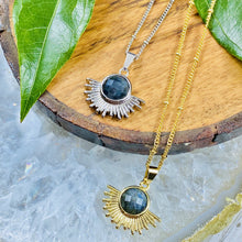 Load image into Gallery viewer, Labradorite Ray of Light Sunburst Inner Magic Sun Pendant 18” Gold Necklace