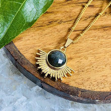 Load image into Gallery viewer, Labradorite Ray of Light Sunburst Inner Magic Sun Pendant 18” Gold Necklace