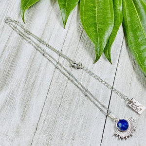 Lapis Lazuli Ray of Light Sunburst Awakening Sun Pendant 18” White Gold Necklace