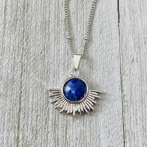 Lapis Lazuli Ray of Light Sunburst Awakening Sun Pendant 18” White Gold Necklace