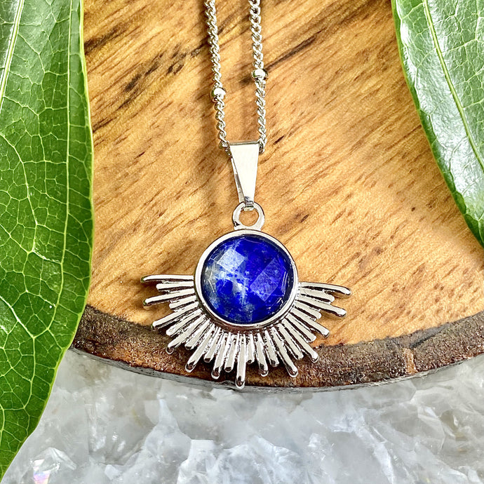 Lapis Lazuli Ray of Light Sunburst Awakening Sun Pendant 18” White Gold Necklace