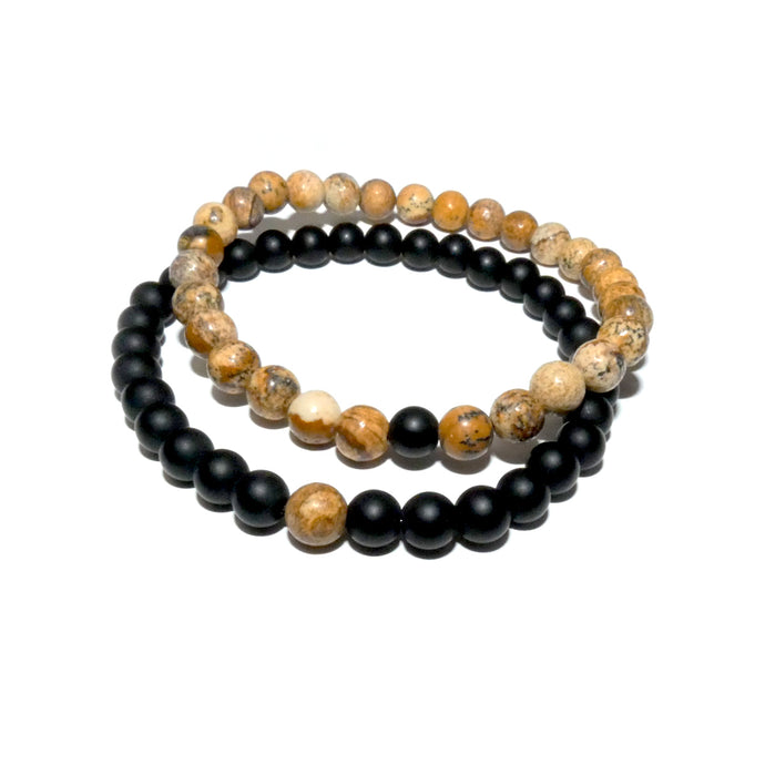 Picture Jasper & Black Onyx Couples Bracelet 6mm Stretch Matching Set