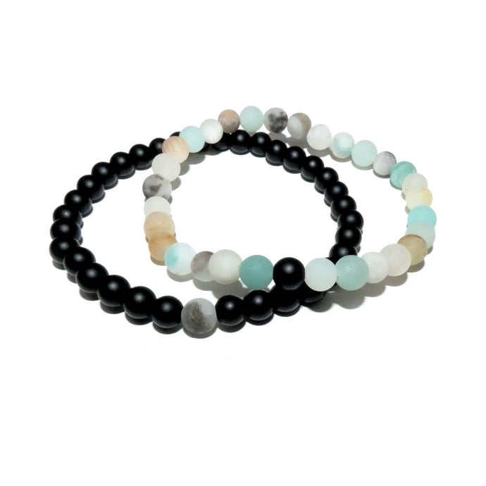 Matte Amazonite & Matte Black Onyx Matching Gemstone Couples Unity 6mm Stretch Distance Bracelets