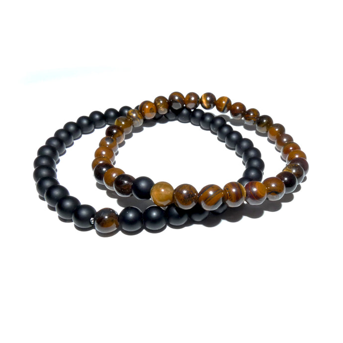 Tigers Eye & Black Onyx Couples Bracelet 6mm Stretch Matching Set