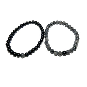 Labradorite Larvakite & Black Onyx Couples Bracelet 6mm Stretch Matching Set