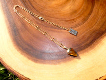 Load image into Gallery viewer, Faceted Shield Tigers Eye Minimalist Crystal Pendant 14” + 2&quot; Gold Necklace
