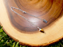 Load image into Gallery viewer, Faceted Shield Tigers Eye Minimalist Crystal Pendant 14” + 2&quot; White Gold Necklace