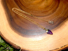 Load image into Gallery viewer, Faceted Shield Amethyst Minimalist Crystal Pendant 14” + 2&quot; Gold Necklace