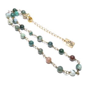 Minimalist Indian Agate 6mm Beaded Rosary Chain Wire Wrapped Choker 12" + 2" Gold Necklace